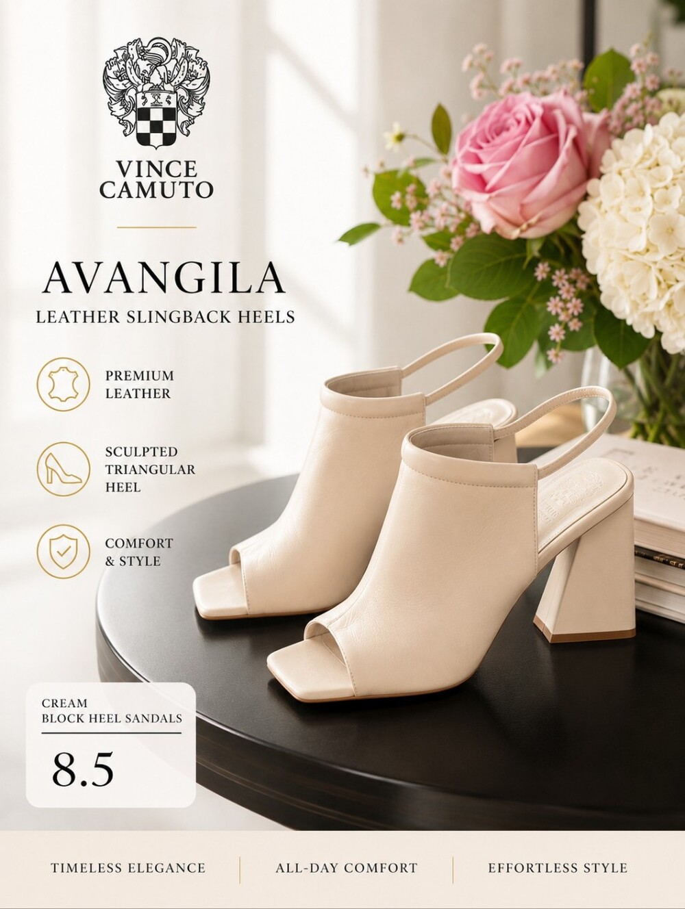 Vince Camuto Avangila Leather Slingback Heels | Cream Block Heel Sandals | 8.5